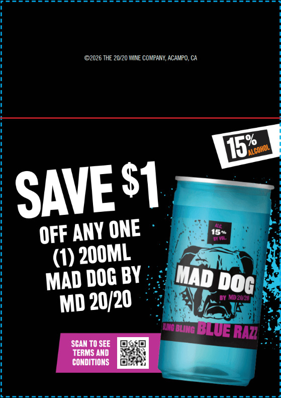 Mad Dog $1 off 1 Can Shelf Talker