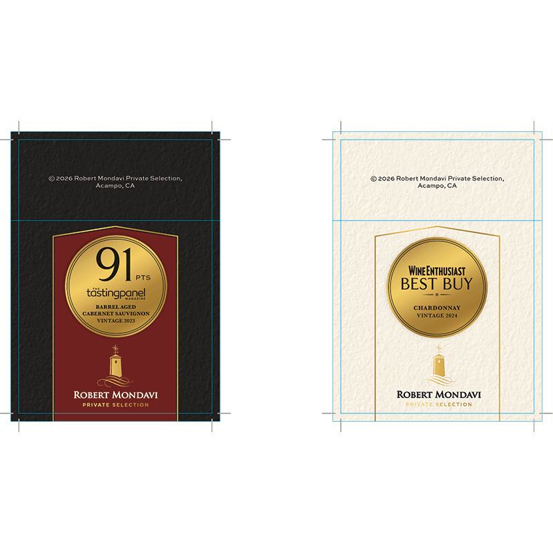 Robert Mondavi Private Selection 2026 Flow Double Sided Shelf Talker - Bourbon Barrel and Chardonnay